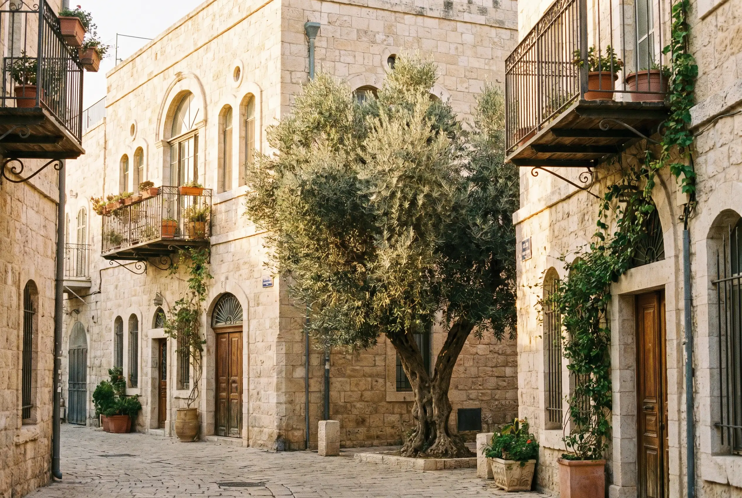 רחוב מגורים בירושלים עם בתי אבן, חלונות מקושתים ומרפסות ברזל