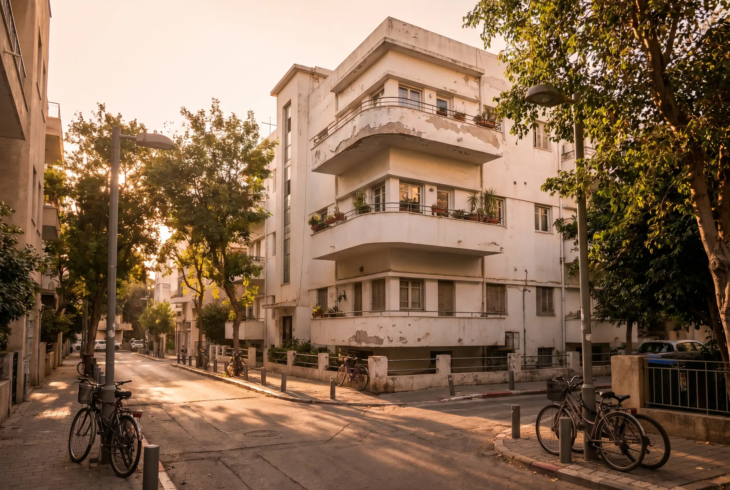 רחוב בתל אביב עם בניין באוהאוס לבן ומרפסות מעוגלות