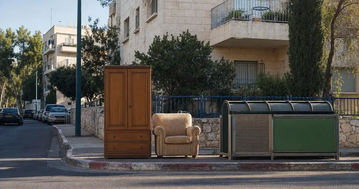 ארון וכורסה מסודרים ליד נקודת פינוי גזם ברחוב מגורים ישראלי